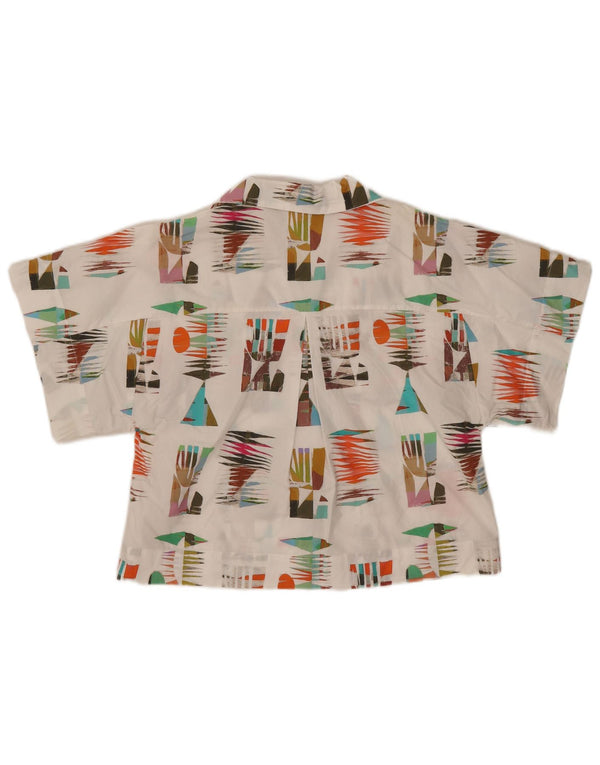 Vintage mujer camisa de manga corta blusa Reino Unido 10 pequeño algodón geométrico blanco