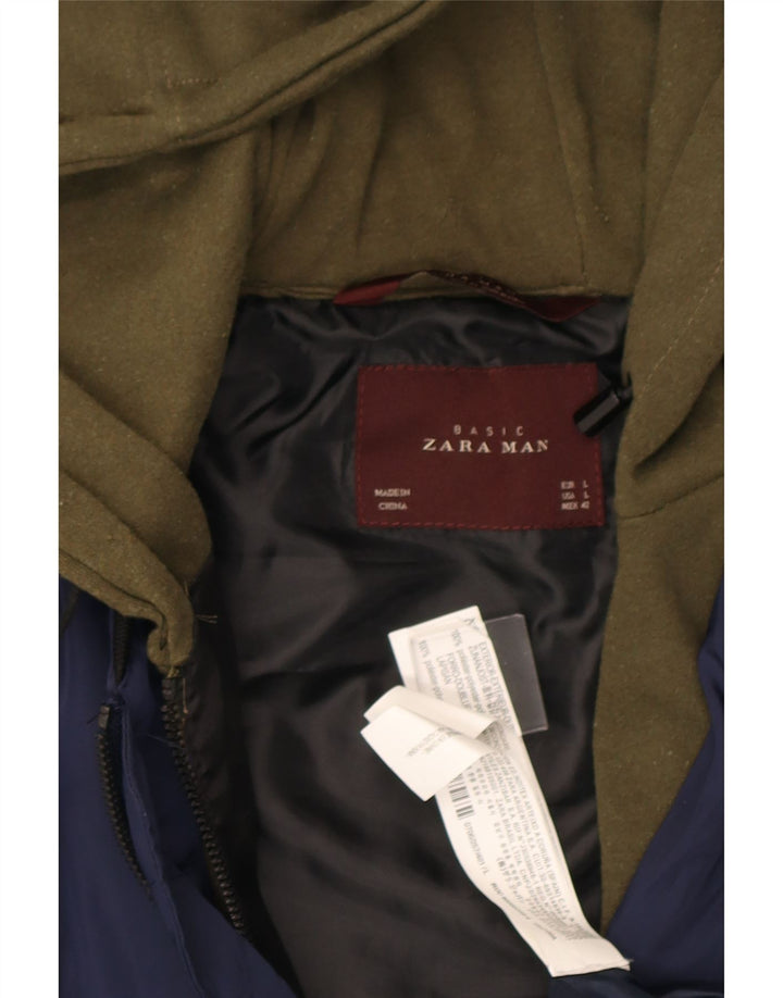 Zara Mens Chaqueta Bomber Con Capucha UK 40 Grande Azul Marino Colorblock Poliéster
