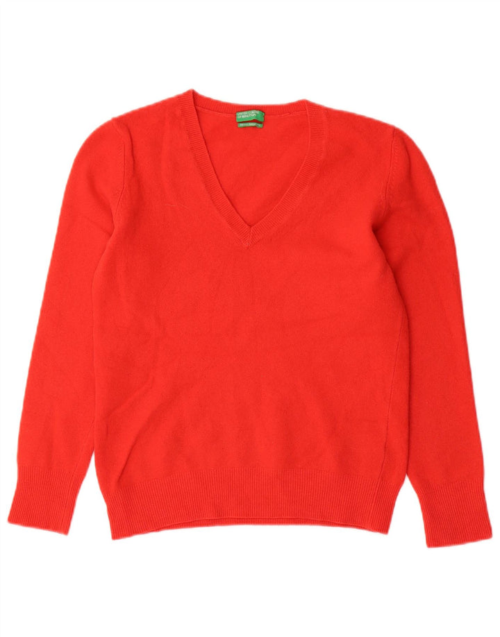Benetton Jersey Con Cuello En V Para Mujer UK 42 Mediano Lana Roja