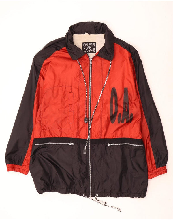 Vintage hombres gráfico chaqueta de lluvia Reino Unido 42 XL rojo colorblock poliamida