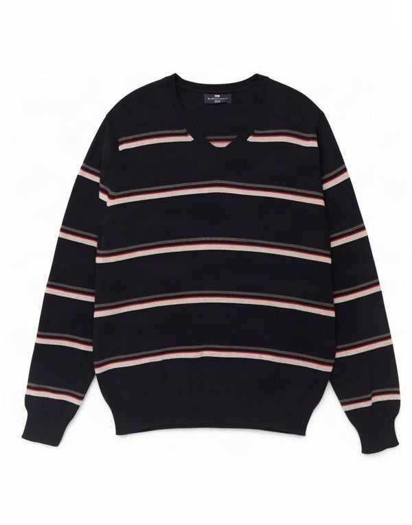 Marks & Spencer Suéter tipo jersey con cuello en V en color azul Harbor para hombre, rayas azul marino medianas