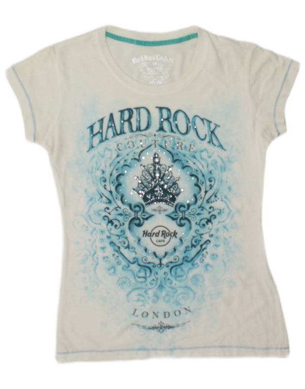 Hard Rock Cafe Mujer London Graphic Camiseta Top UK 6 XS Algodón Blanco
