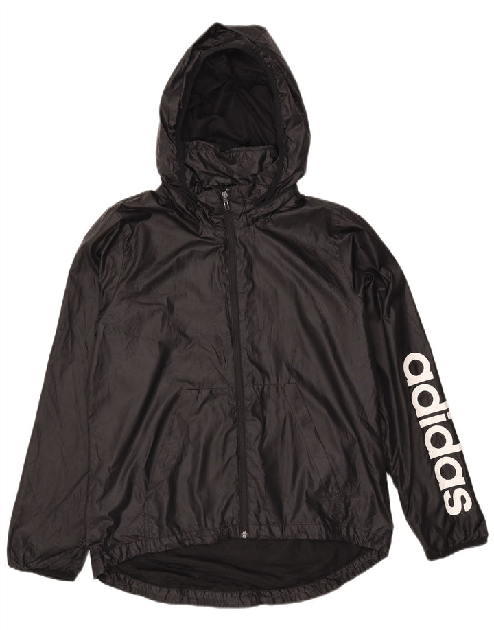ADIDAS Chaqueta impermeable con capucha gráfica para mujer Reino Unido 12/14 Mediano Negro Poliéster