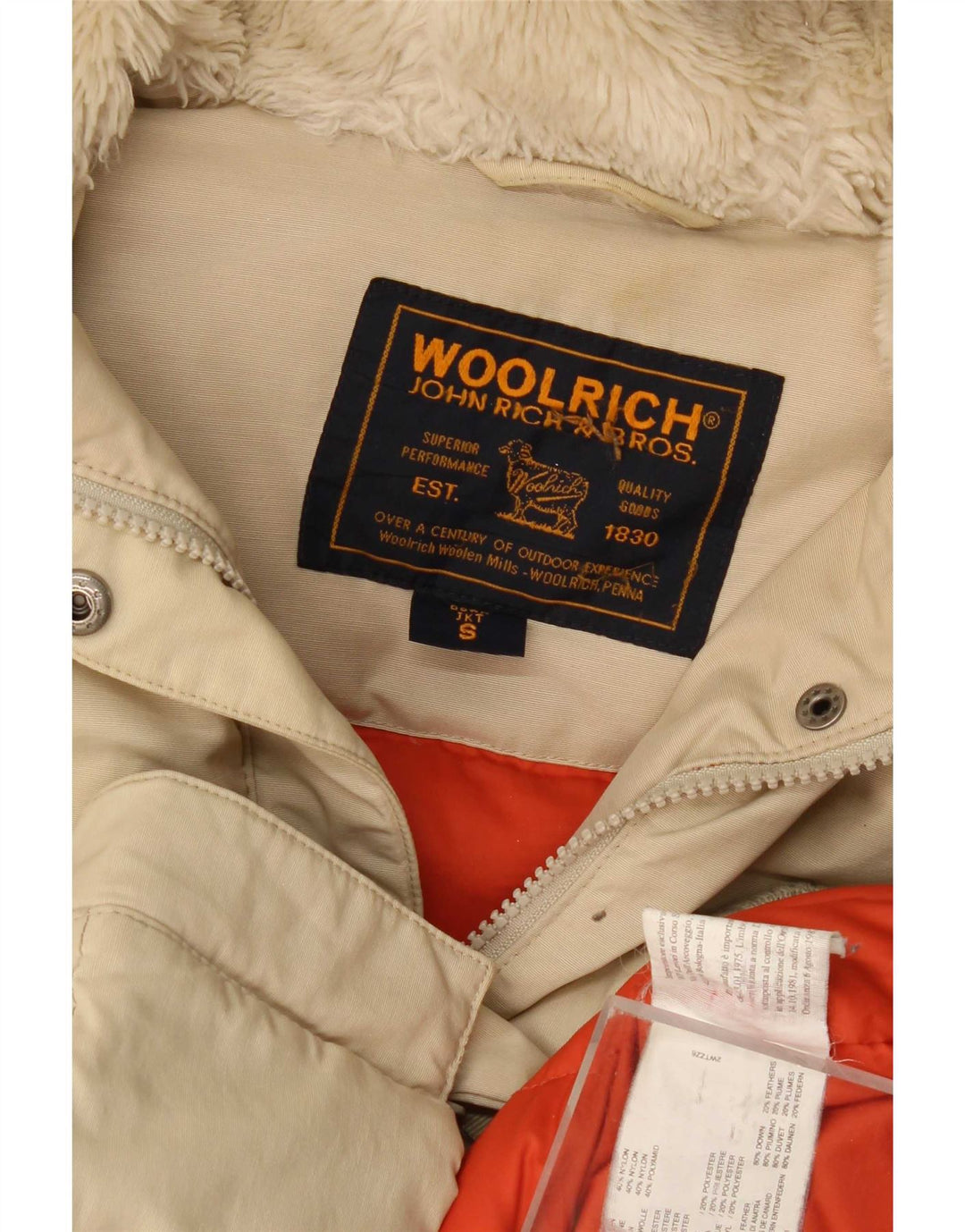 Woolrich Chaqueta acolchada extragrande con capucha para mujer UK 10 Small Beige Cotton