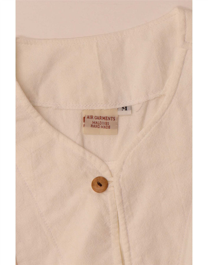 Vintage hombres hecho a mano manga corta pullover camisa medio blanco geométrico