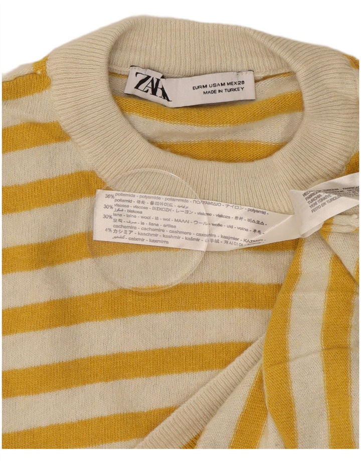 Zara Jersey De Cuello Redondo Para Mujer UK 44 Poliamida A Rayas Amarilla Mediana