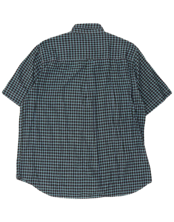Vintage hombres camisa de manga corta larga algodón azul grande Gingham