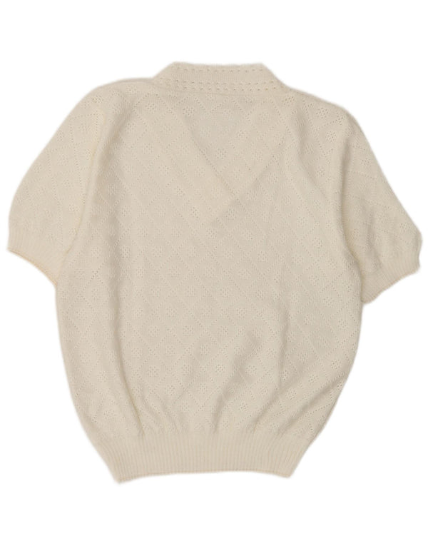 Vintage Womens Short Sleeve V-Neck Jumper Sweater UK 14 Medium White