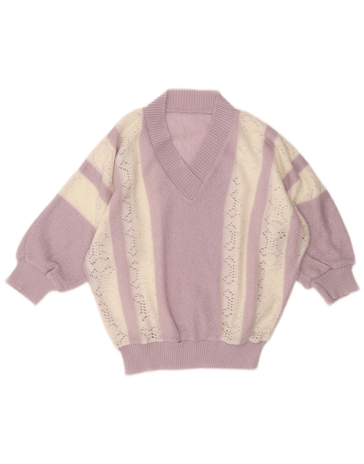 Vintage mujer crop V-cuello jumper suéter Reino Unido 10 pequeño púrpura rayas