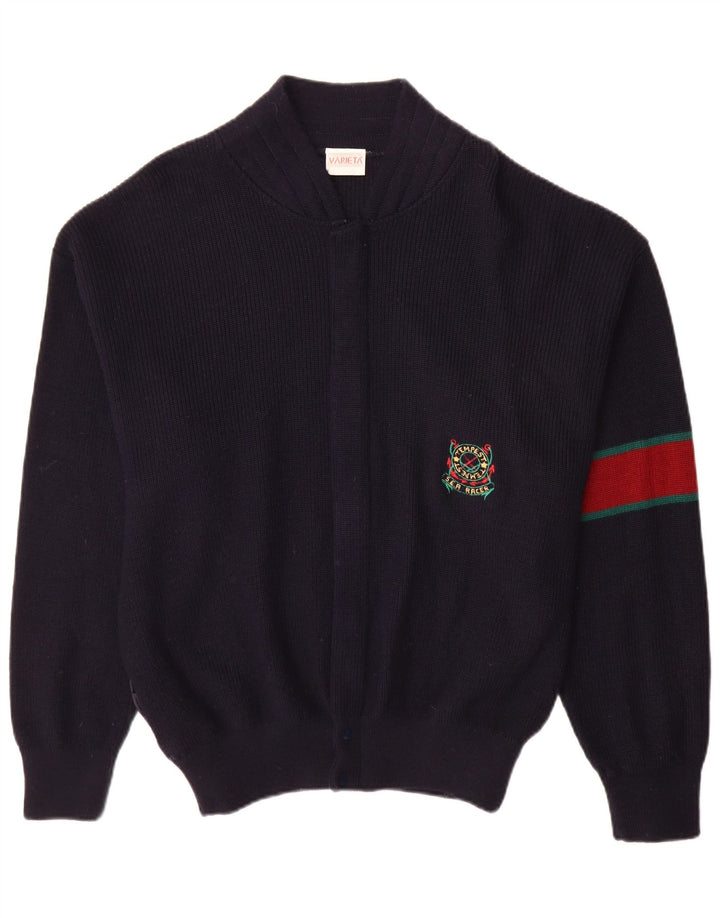 Vintage hombres Cardigan suéter grande azul marino colorblock lana