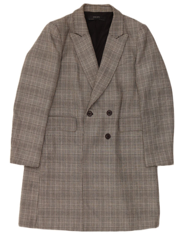 Zara Mujer Abrigo Cruzado UK 46 Poliéster A Cuadros Gris Grande