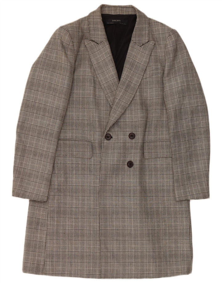 Zara Mujer Abrigo Cruzado UK 46 Poliéster A Cuadros Gris Grande