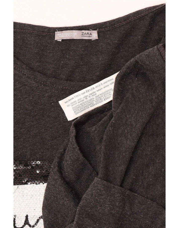 Zara Mujer Top Gráfico Manga 3/4 UK 10 Small Gris Lyocell