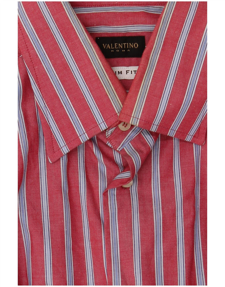 VALENTINO Camisa slim fit para hombre Talla 15 1/2 40 Algodón mediano a rayas rojas
