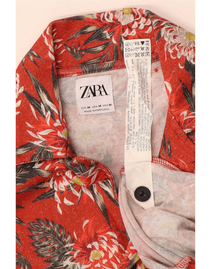 Zara Hombre Camisa Manga Corta Poliéster Floral Rojo Mediano