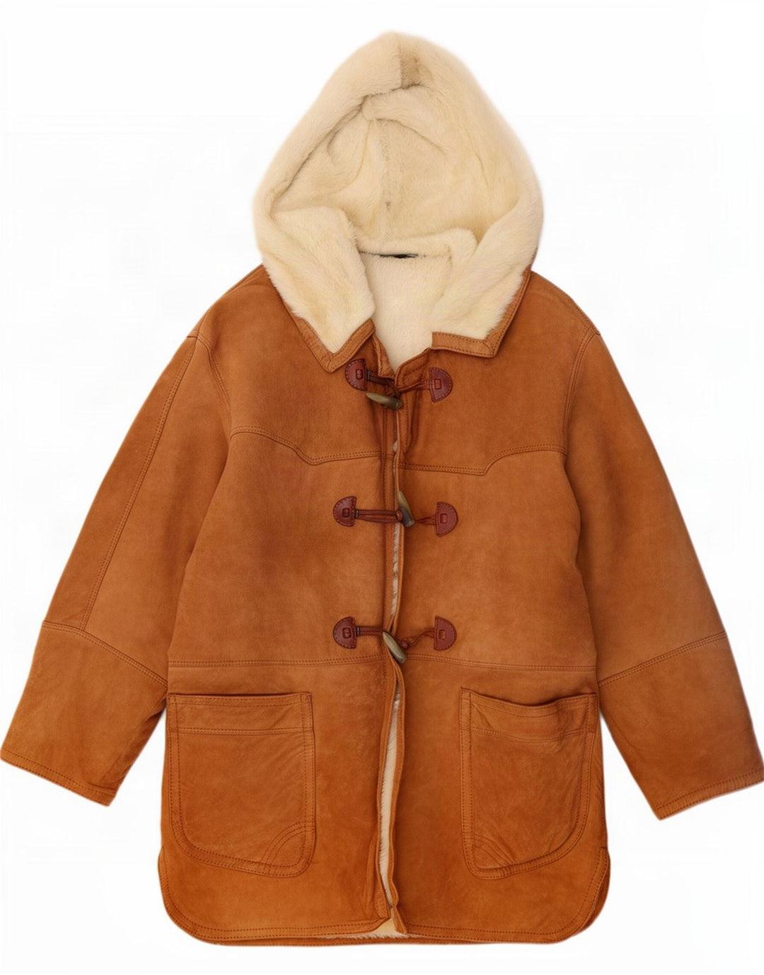 Vintage mujer con capucha Duffle Shearling abrigo IT 44 Marrón medio