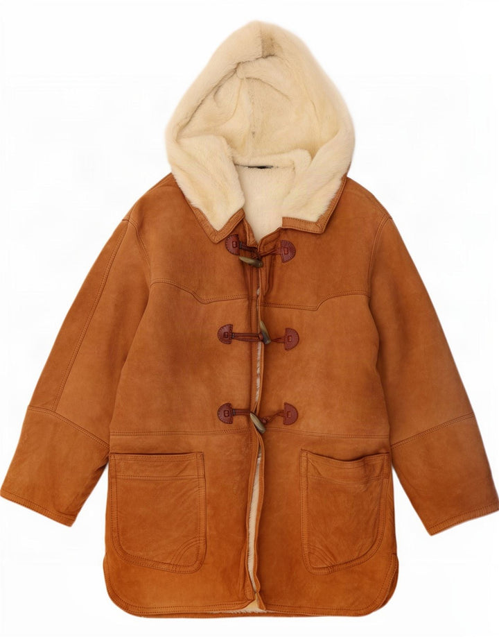 Vintage mujer con capucha Duffle Shearling abrigo IT 44 Marrón medio
