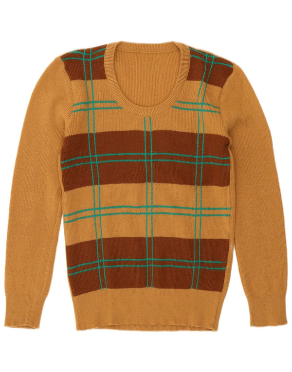 Vintage mujer cuello redondo jersey suéter Reino Unido 12 marrón medio geométrico