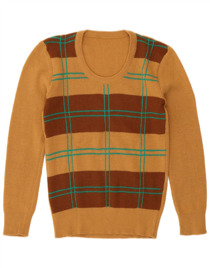 Vintage mujer cuello redondo jersey suéter Reino Unido 12 marrón medio geométrico