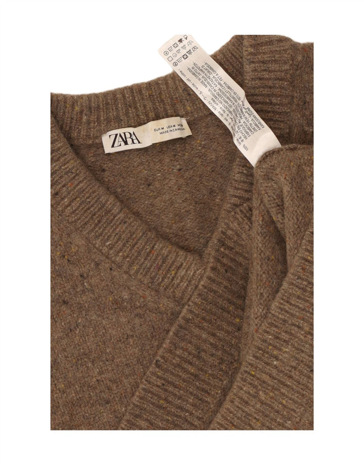 ZARA Womens Oversized V-Neck Jumper Sweater UK 14 Medium Brown Flecked