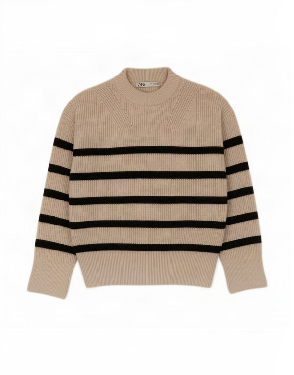 Zara Mujer Suéter De Cuello Alto De Gran Tamaño UK 10 Small Beige Rayas