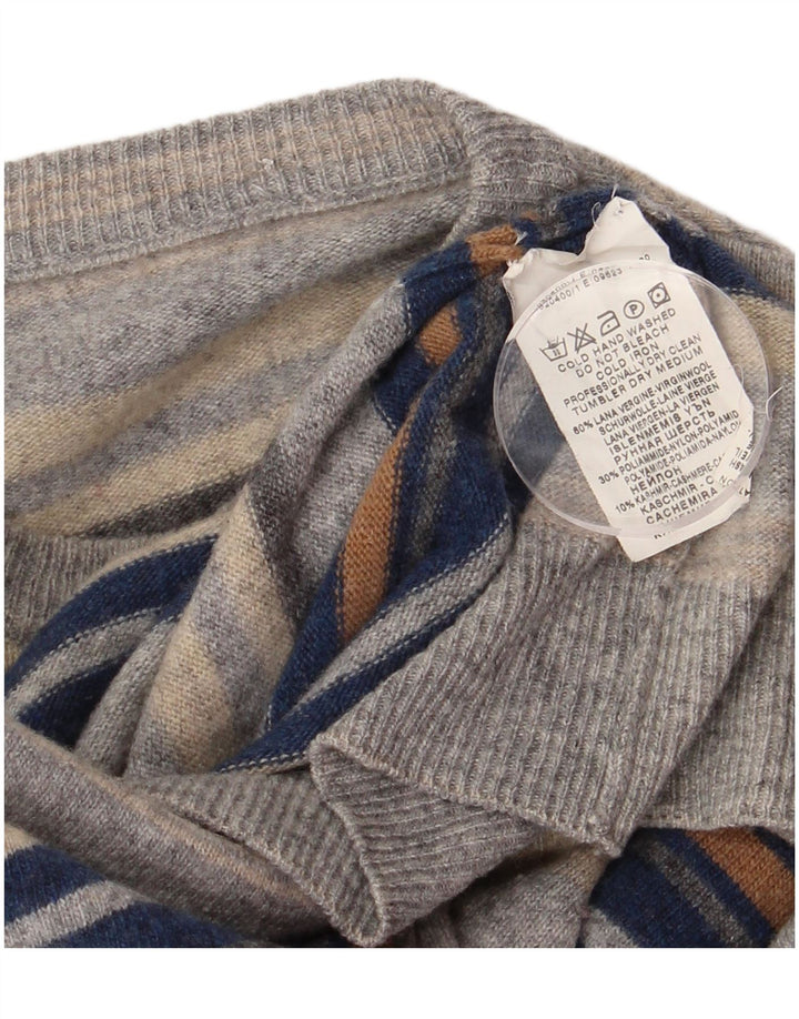 Vintage hombres cuello redondo jersey suéter pequeño gris rayas lana virgen