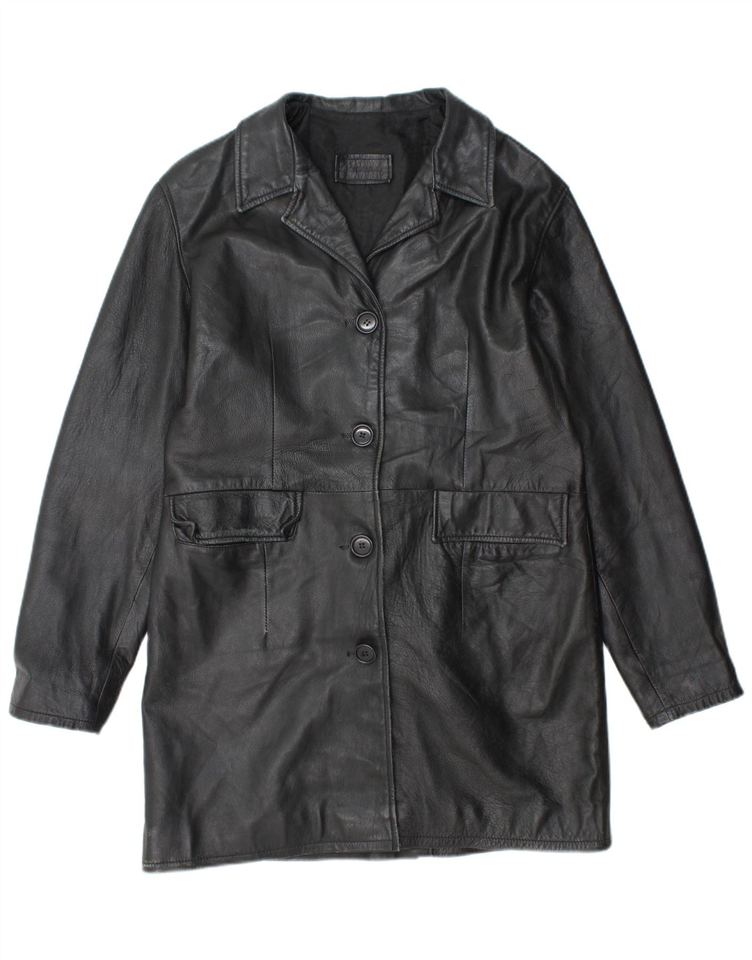 VINTAGE Abrigo de cuero para mujer Reino Unido 18 XL Cuero negro