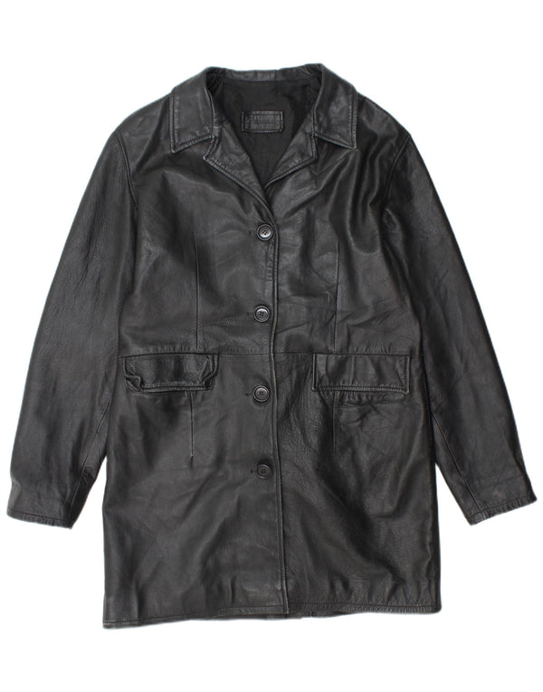 VINTAGE Abrigo de cuero para mujer Reino Unido 18 XL Cuero negro