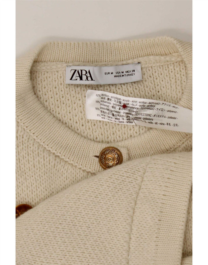 Zara Mujer Cárdigan Suéter UK 12 Medium Off White Acrílico