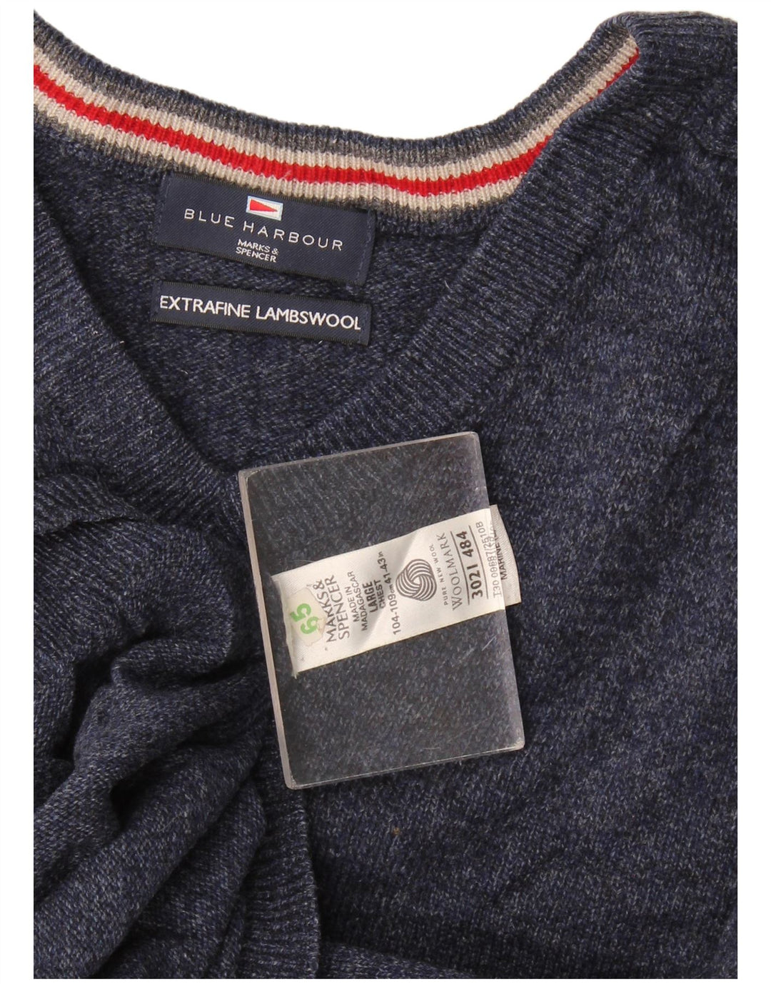 Marks & Spencer Suéter tipo jersey con cuello en V azul Harbor para hombre, talla grande, azul marino