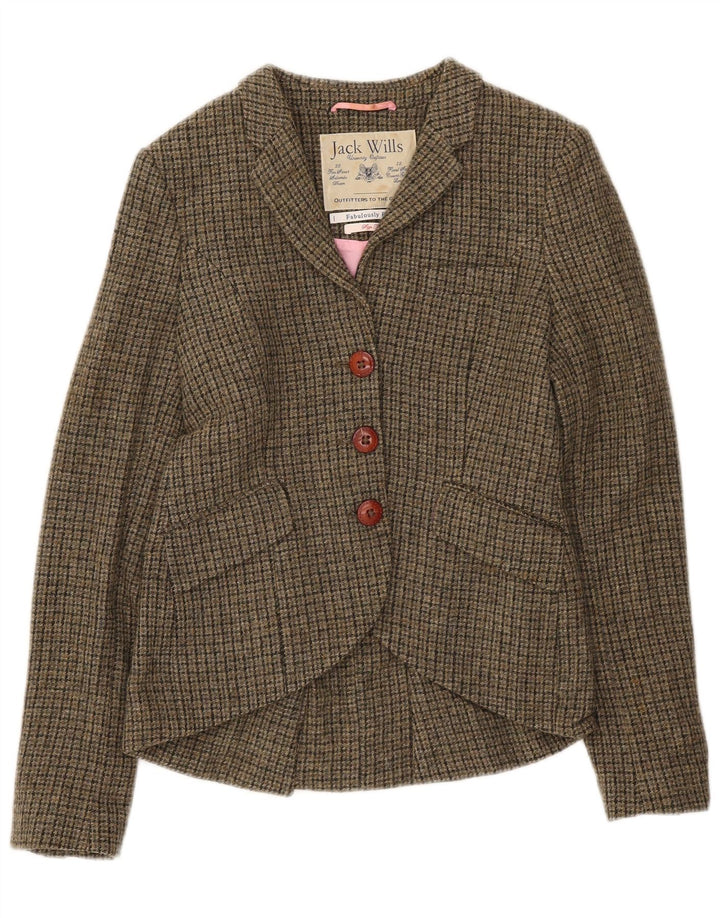 Jack Wills Chaqueta tipo blazer de 3 botones para mujer UK 10 Small Khaki Houndstooth Wool