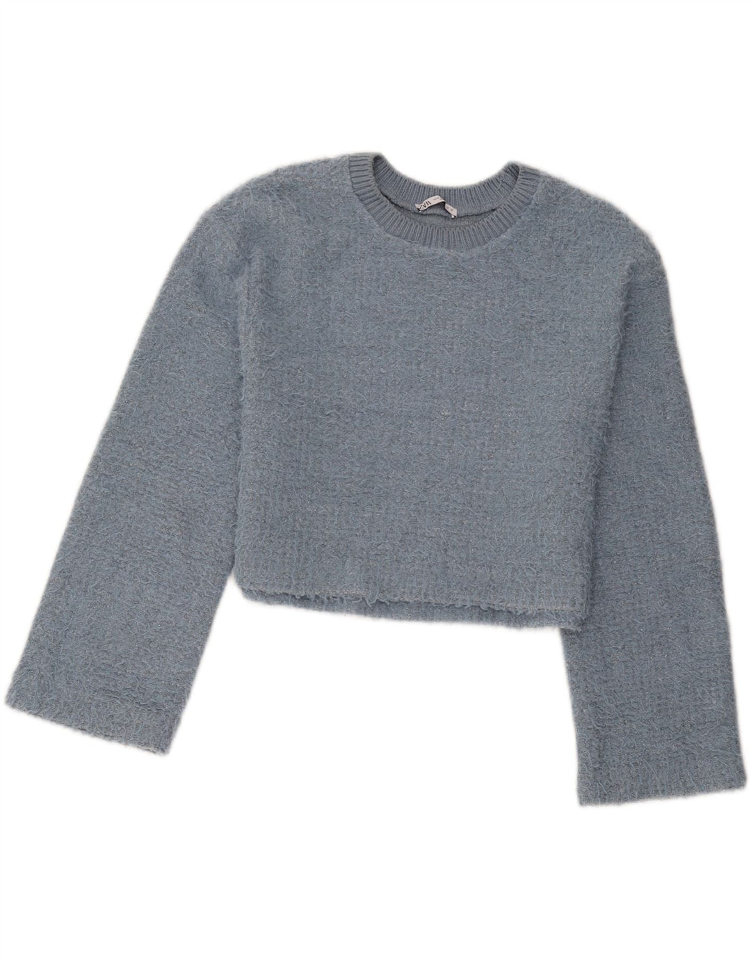Zara - Jersey corto con cuello redondo para mujer, talla 40, poliéster azul medio
