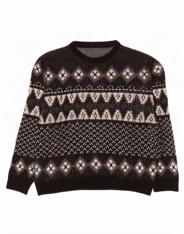 Vintage hombres cuello redondo jersey suéter IT 52/54 grande negro Fair Isle