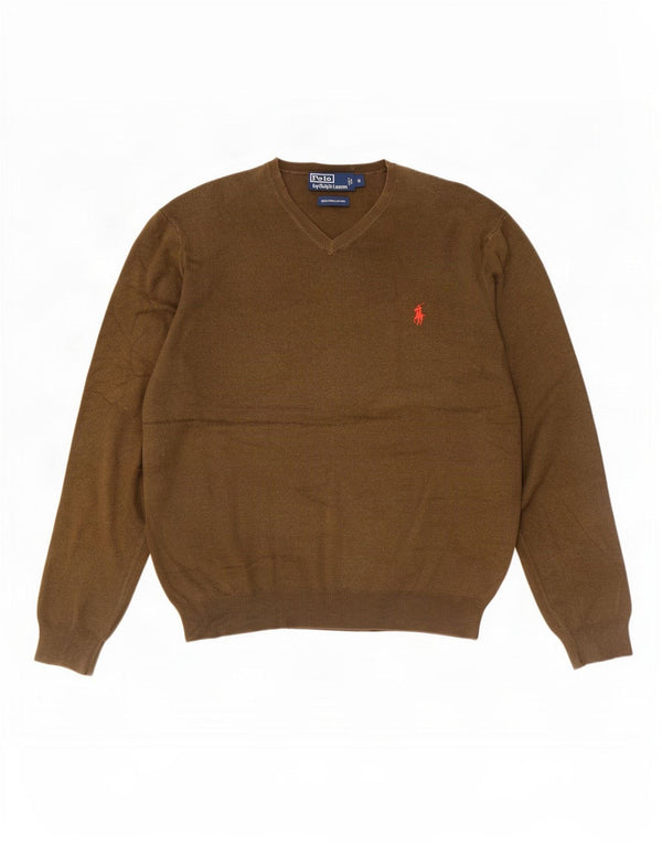 Polo Ralph Lauren Mens V-Neck Jumper Sweater Small Khaki Cotton