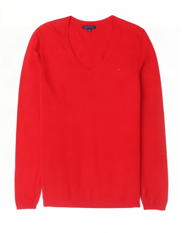 Tommy Hilfiger Suéter con cuello en V para mujer UK 10 Small Red Cotton