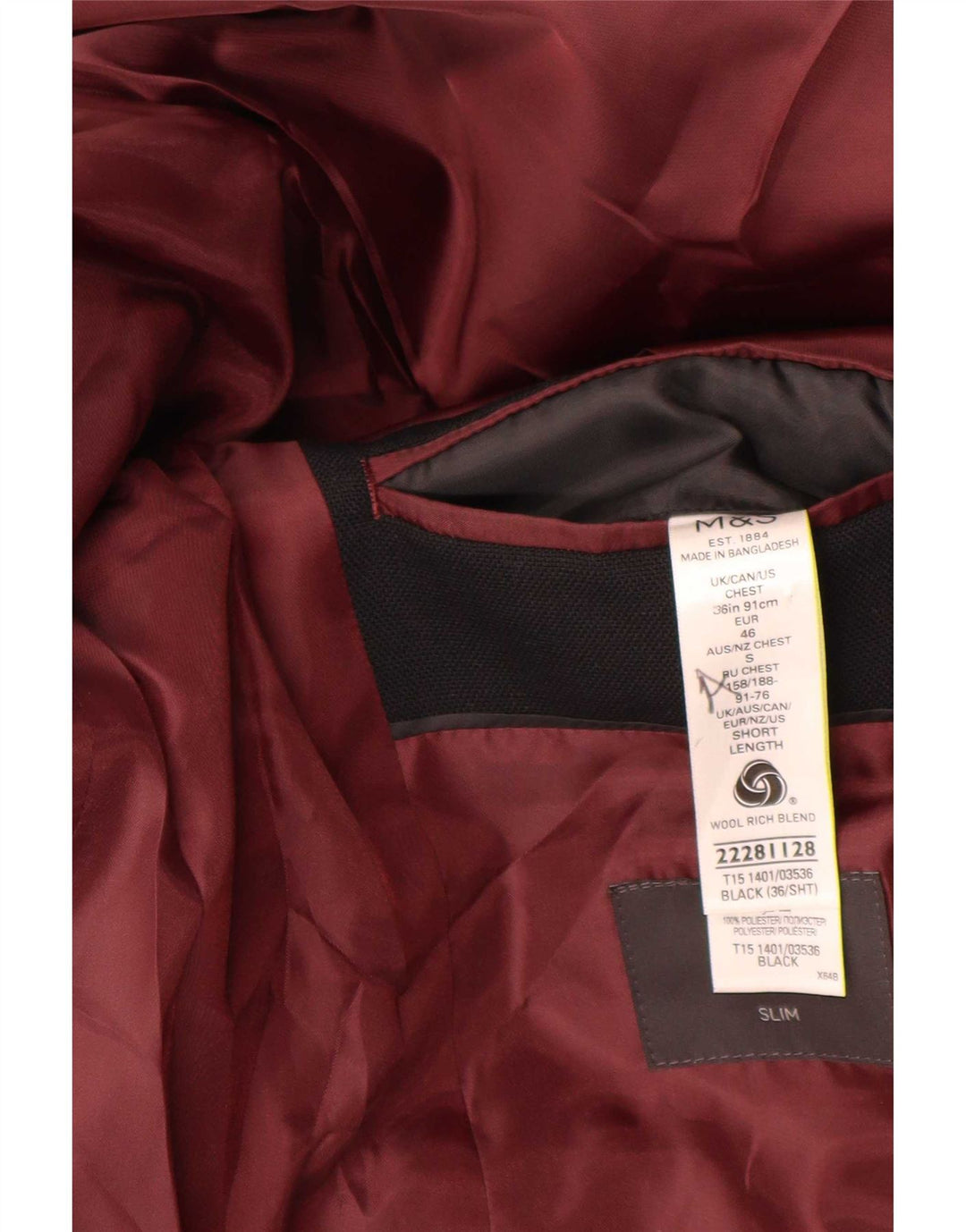 Marks & Spencer Chaqueta tipo blazer ajustada con 2 botones para hombre UK 36 Small Black Wool