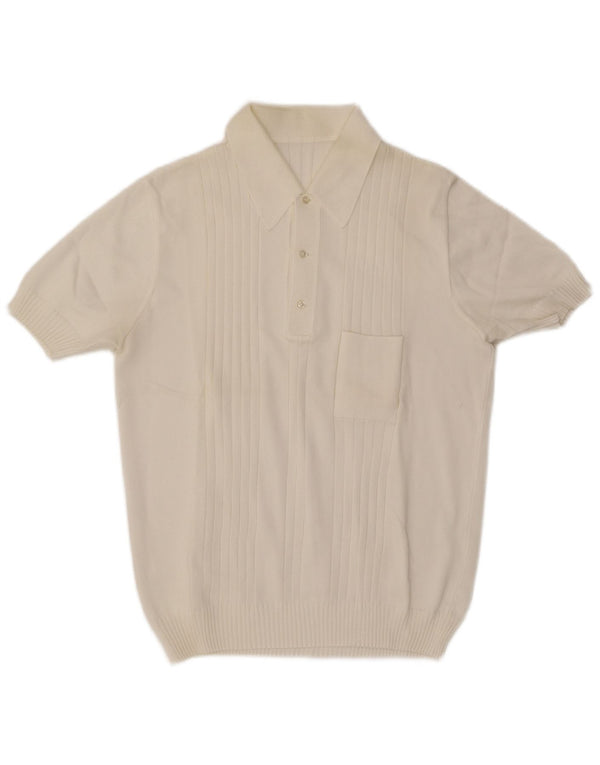 Vintage hombres manga corta polo cuello jersey suéter medio blanco