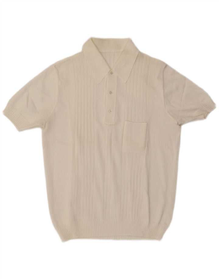 Vintage hombres manga corta polo cuello jersey suéter medio blanco