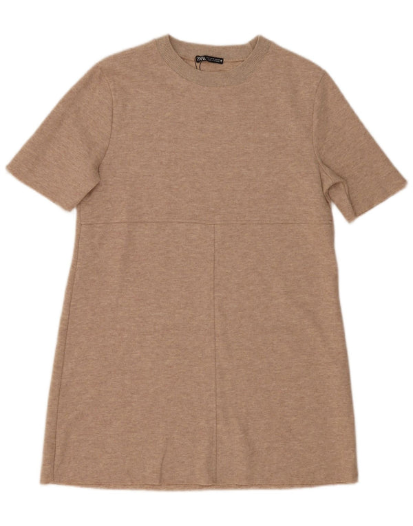 Zara Mujer Vestido Jersey De Manga Corta UK 44 Poliéster Moteado Beige Medio