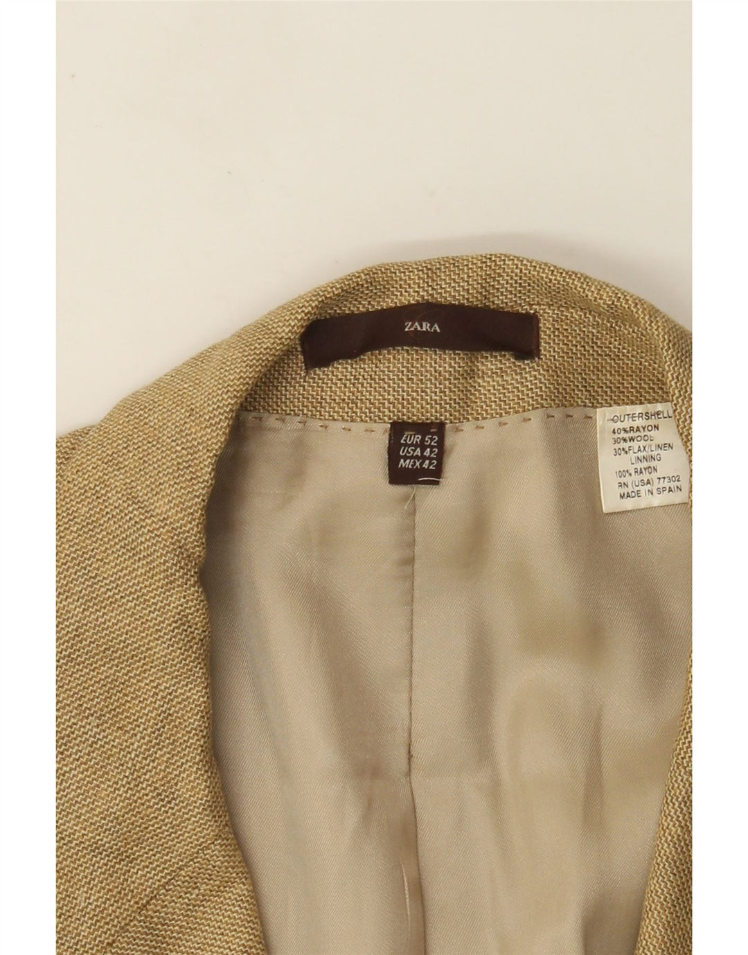 ZARA Chaqueta tipo blazer de 3 botones para hombre EU 52 Large Rayón beige