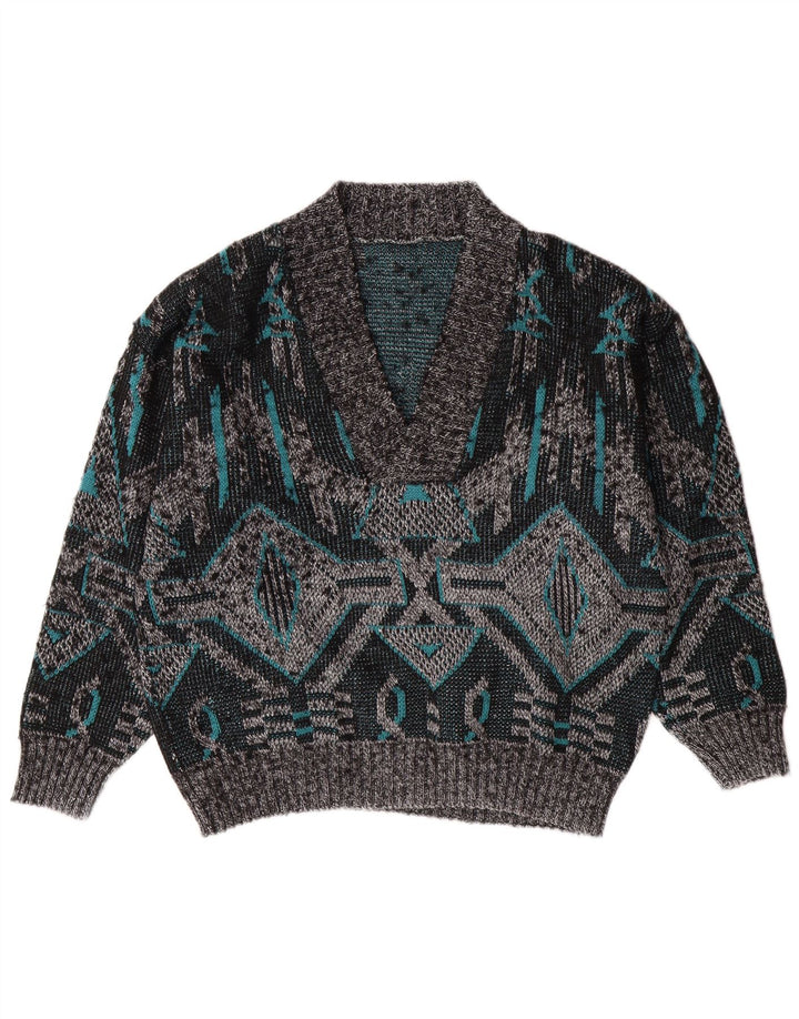 VINTAGE Hombres V-Cuello Jumper Suéter Grande Gris Geométrico