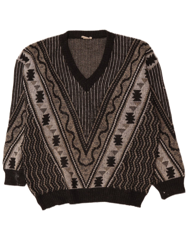 Vintage hombres V-cuello jumper suéter grande gris geométrico