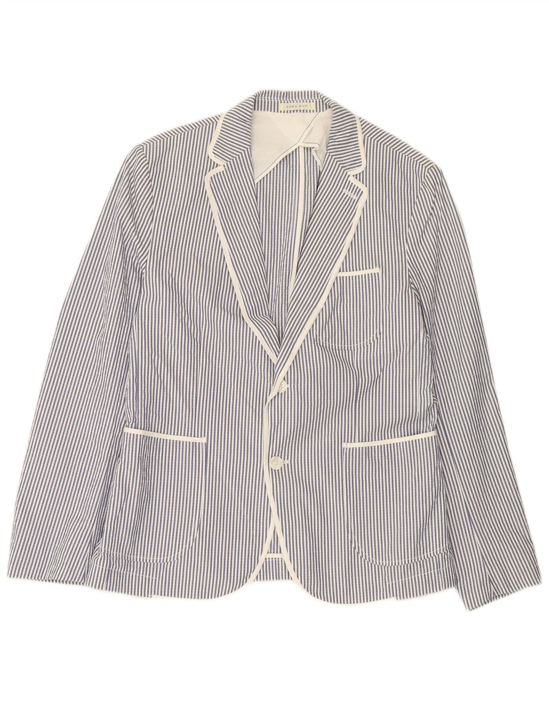 ZARA Mens 2 Button Blazer Jacket IT 54 2XL Blue Striped Cotton