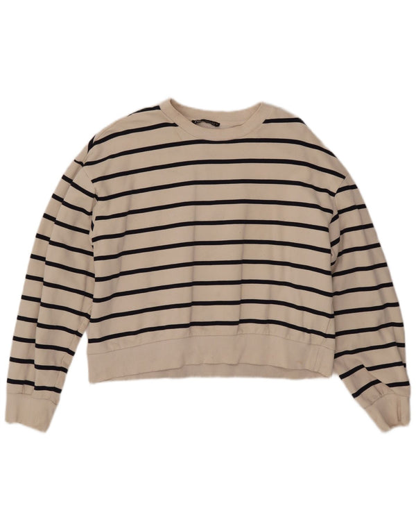 ZARA Mujer Crop Sudadera Jumper UK 46 Large Blanco Rayas Algodón