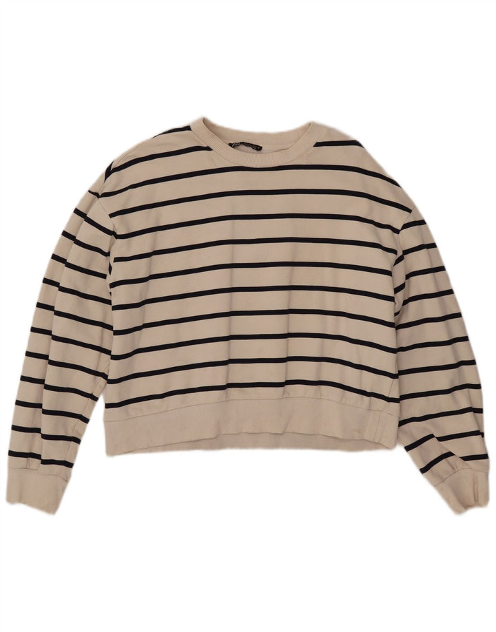 ZARA Mujer Crop Sudadera Jumper UK 46 Large Blanco Rayas Algodón