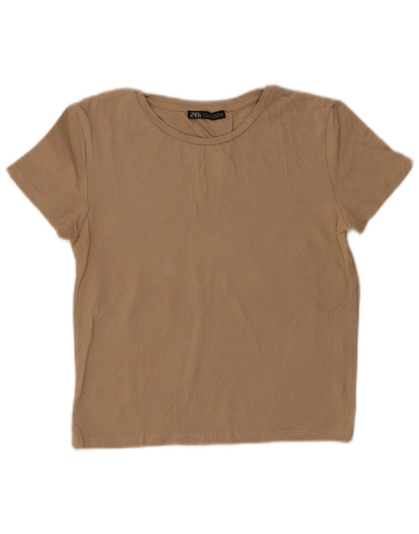 Zara Mujer Crop Camiseta Top UK 8 Small Beige Algodón