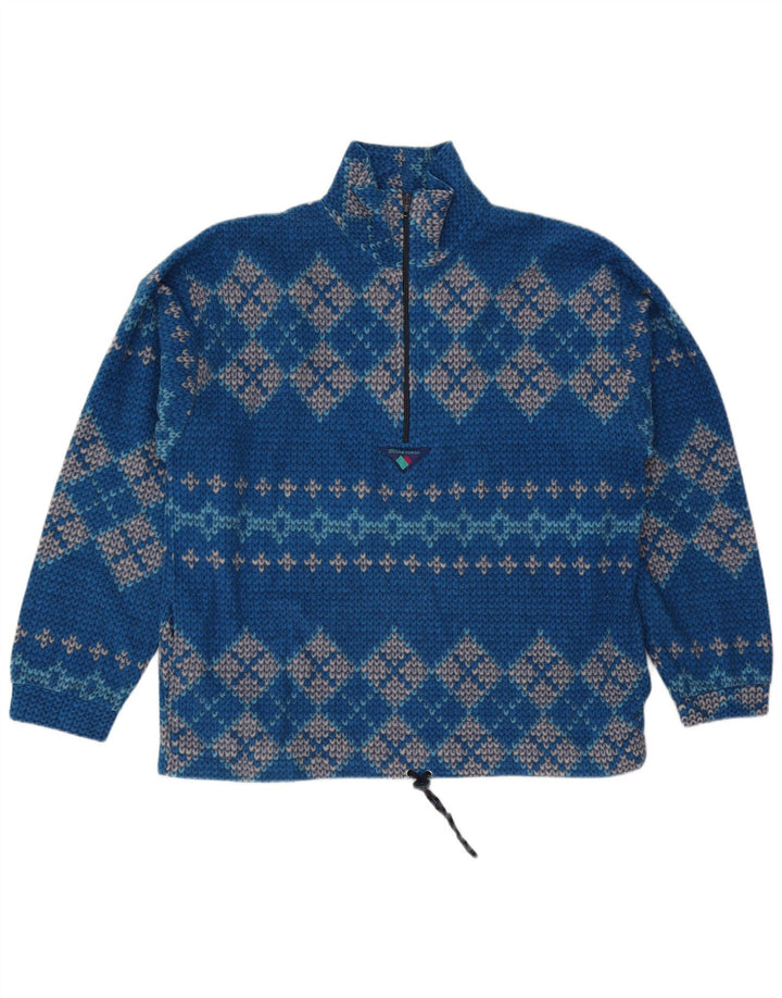 Vintage hombres zip cuello jumper suéter grande azul geométrico