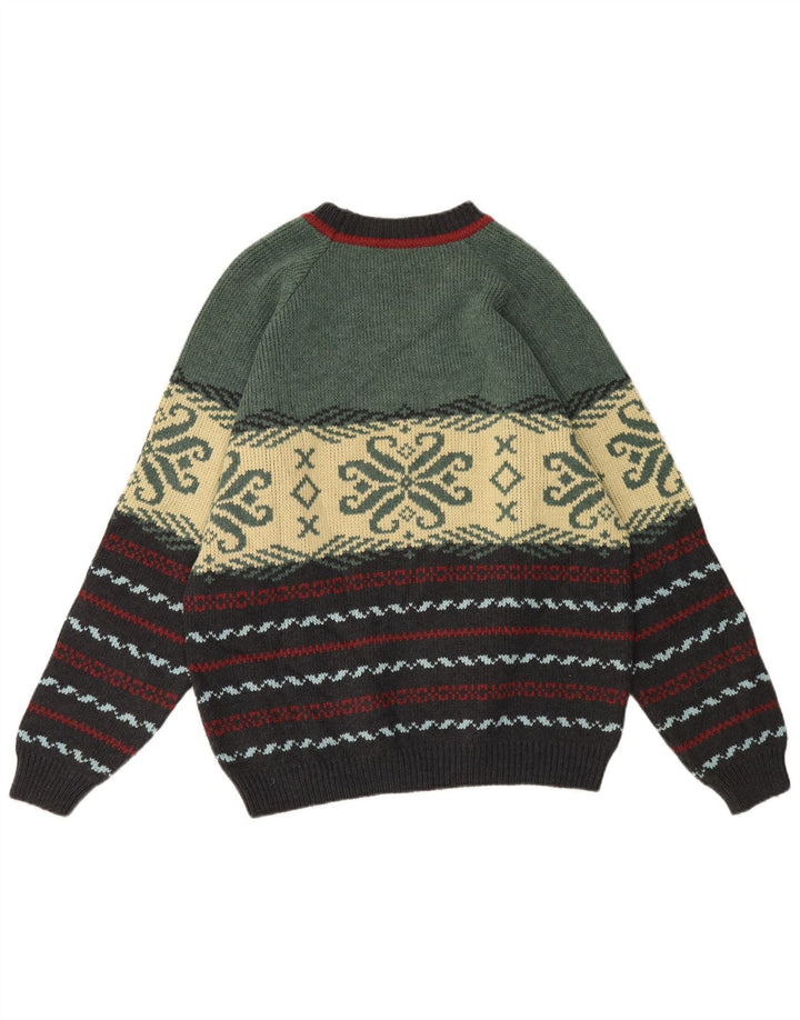 Vintage hombres cuello redondo jersey suéter XL multicolor Fair Isle lana