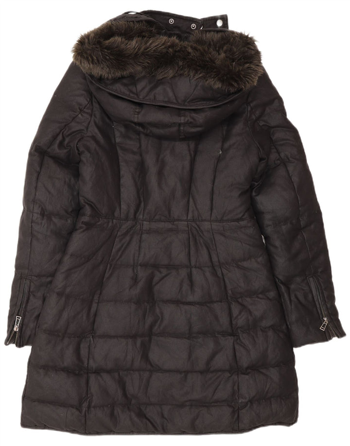 Zara Mujer Abrigo Acolchado Con Capucha UK 42 Mediano Negro Poliéster Invierno
