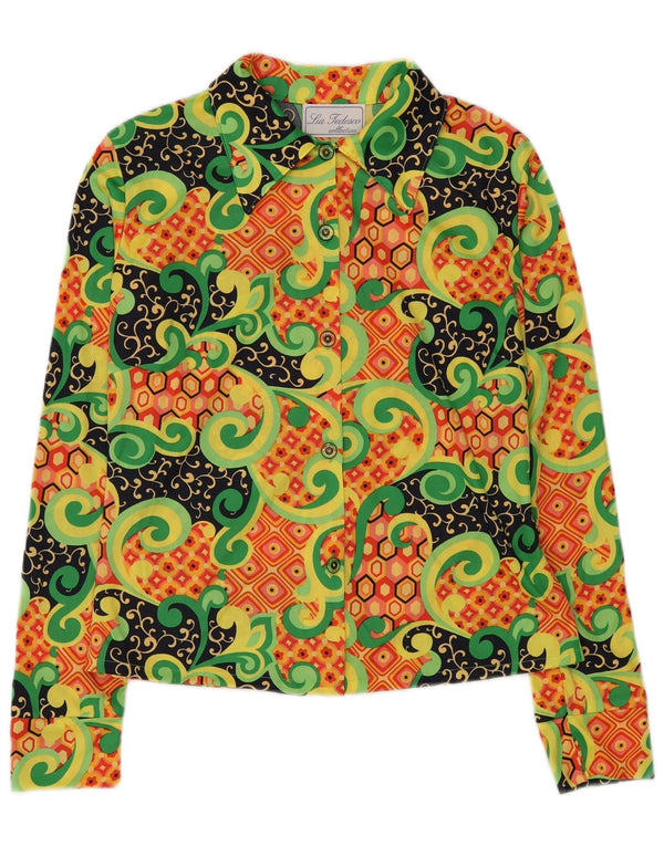 Vintage mujer camisa blusa Reino Unido 16 viscosa geométrica multicolor grande